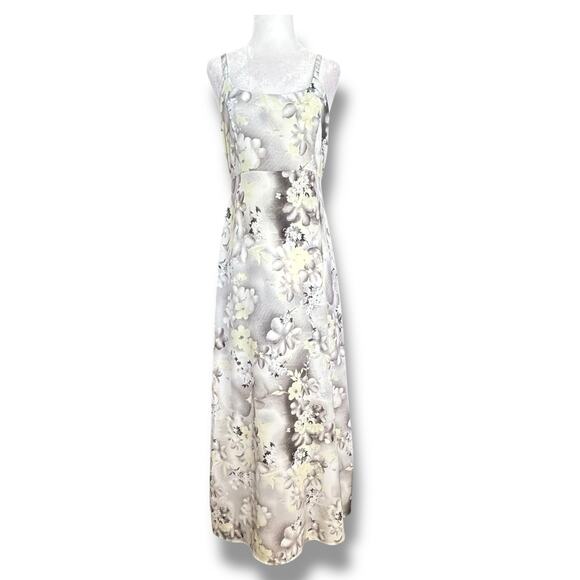 Vintage 90s Dark Floral Slip Dress Tie Back Bow Detail Gray Yellow Maxi Romantic - Picture 1 of 10